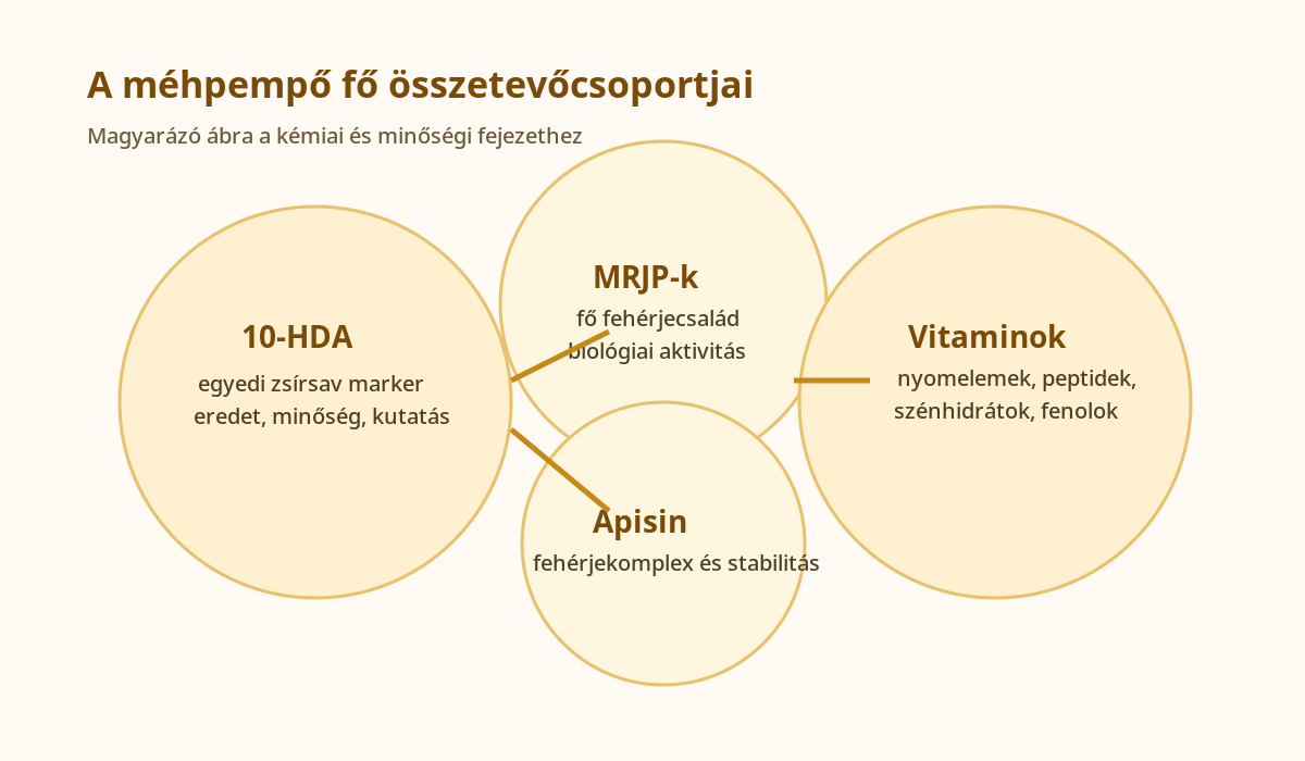 A méhpempő fő összetevőcsoportjait bemutató ábra.