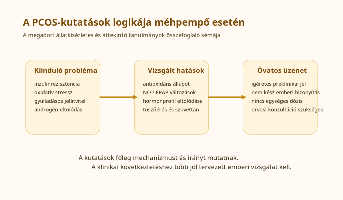 A PCOS-hoz kapcsolódó méhpempő-kutatások logikáját bemutató ábra.