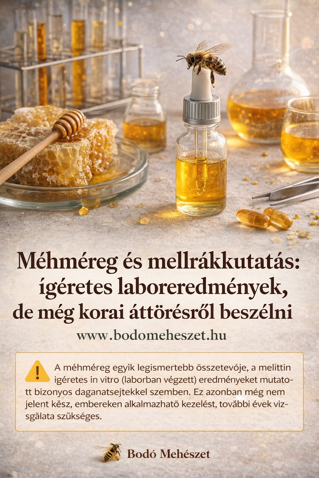 Méhméreggel kapcsolatos kutatást bemutató illusztráció laboratóriumi hangulattal